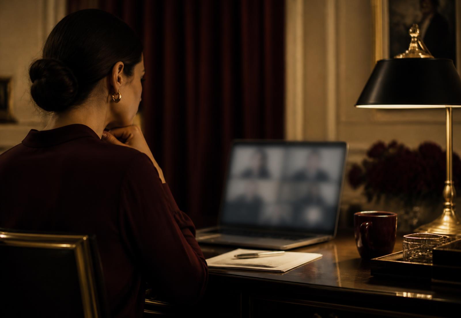 Kobieta uczestnicząca wieczorem w spotkaniu online przy laptopie